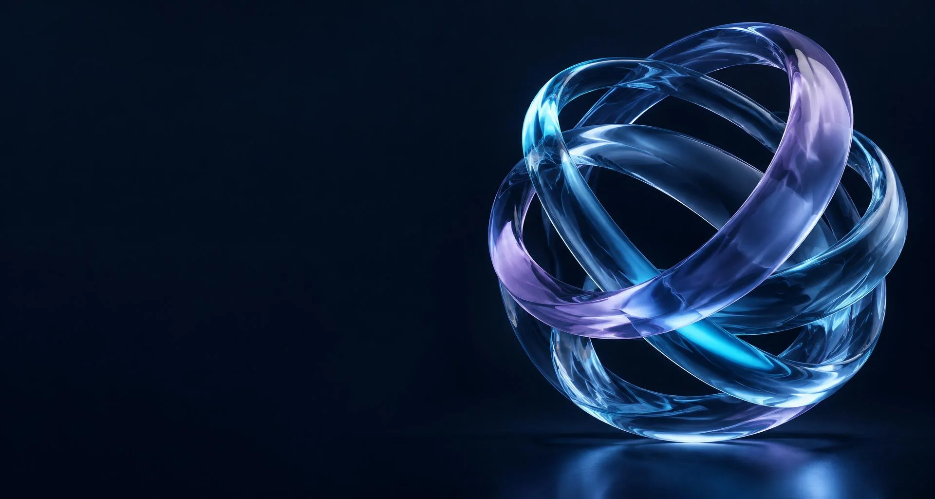 Interwoven cyan and indigo glass ribbons forming a connected globe