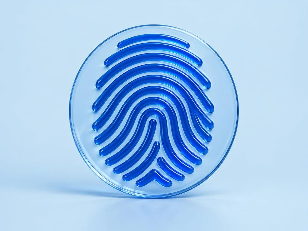 Raised cobalt glass fingerprint on a translucent circular disc