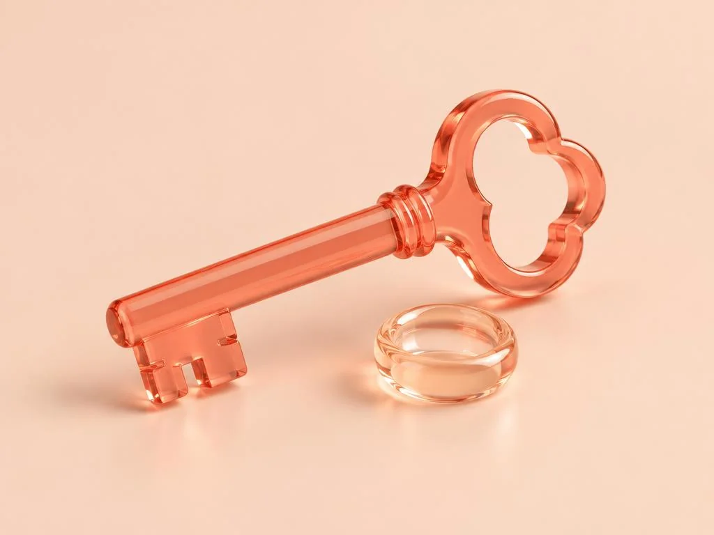 Sculptural coral glass key and a translucent peach ring