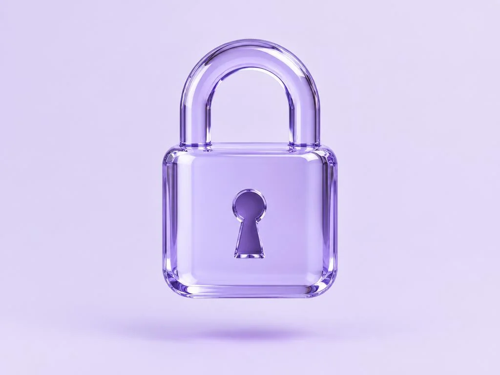Lavender glass padlock suspended over a pale lilac surface