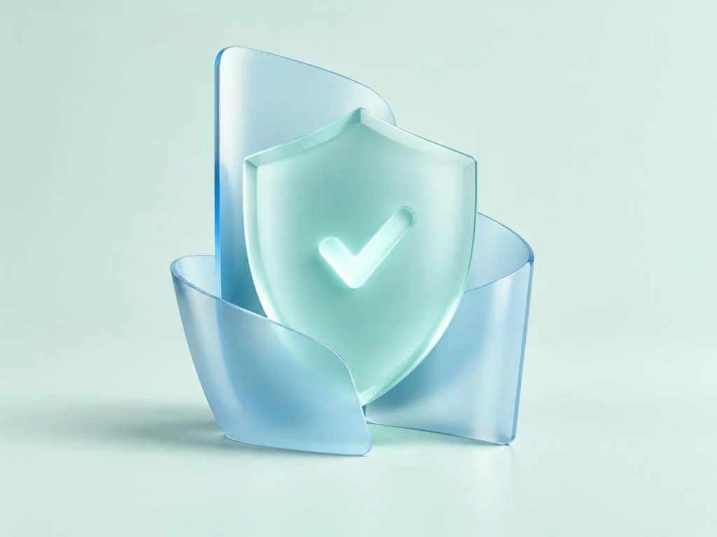 Translucent cyan glass shield with a check mark